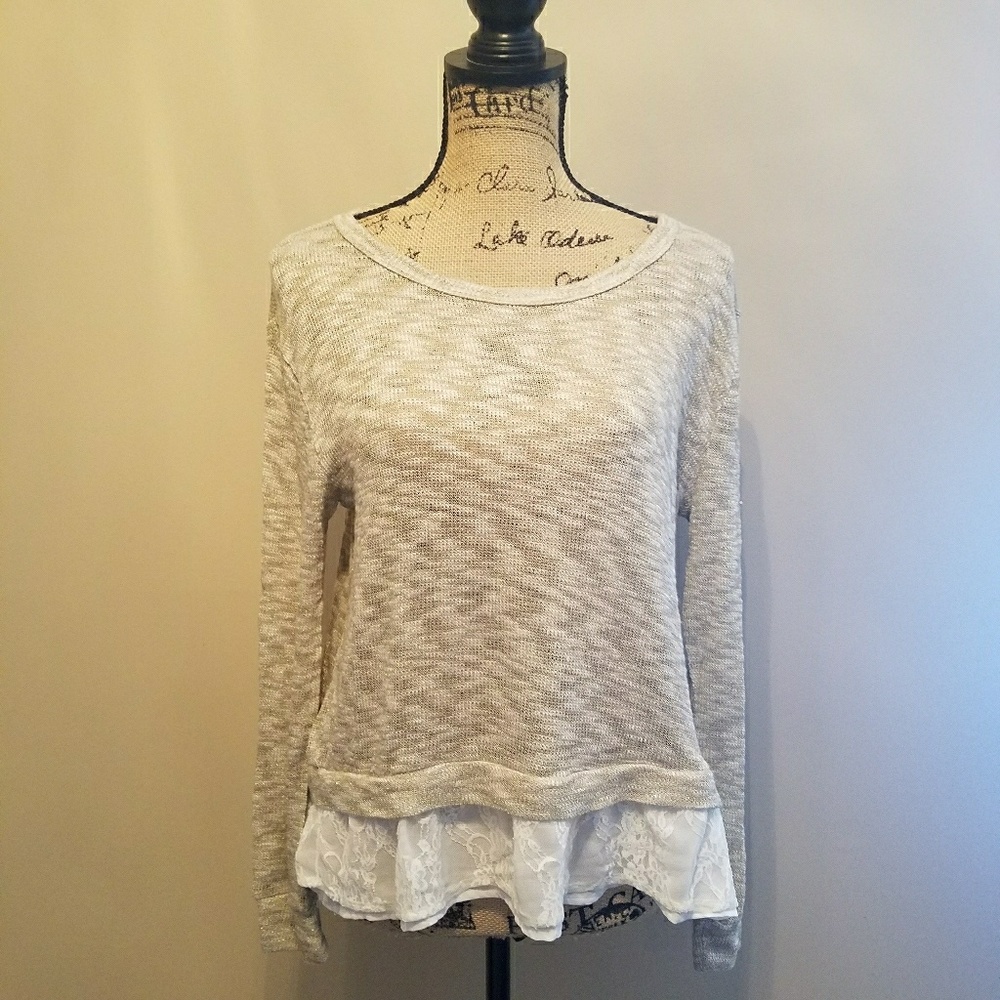 Long Sleeved Knit Top with Lace Underlay